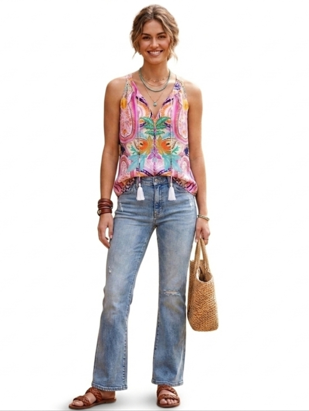Rose + Olive Paisley Boho Tank Top XS Sleeveless Tassel Tie Front Pink Multi